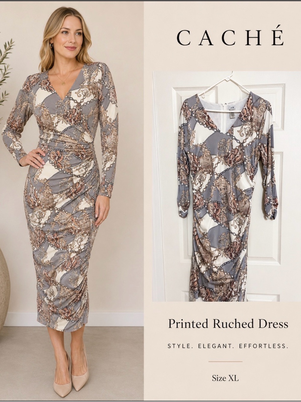 Cache Printed V-Neck Ruched Midi Dress, beautiful print.